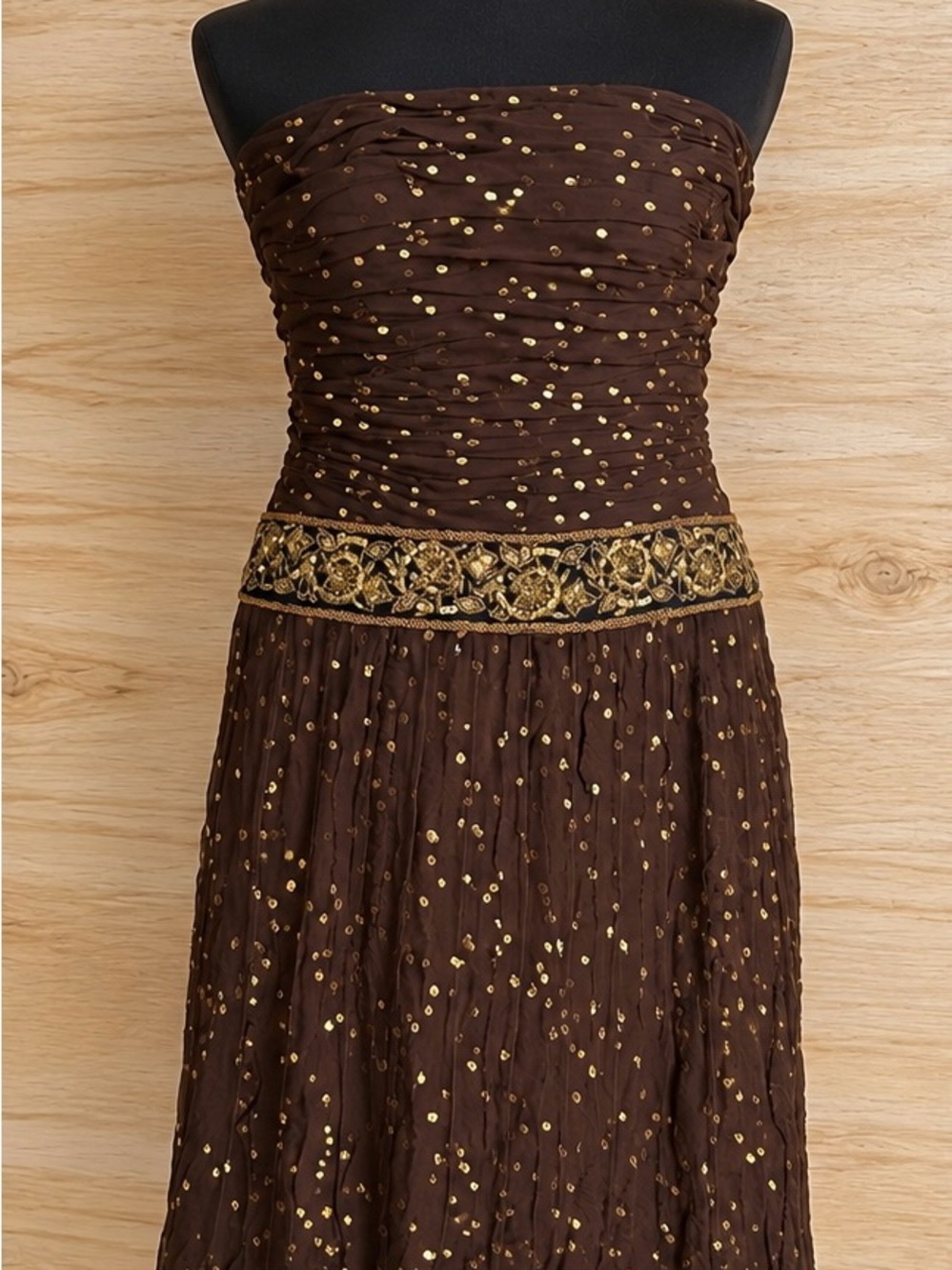 Kay Unger Chocolate Gold Strapless Midi Dress Size 4 NWT